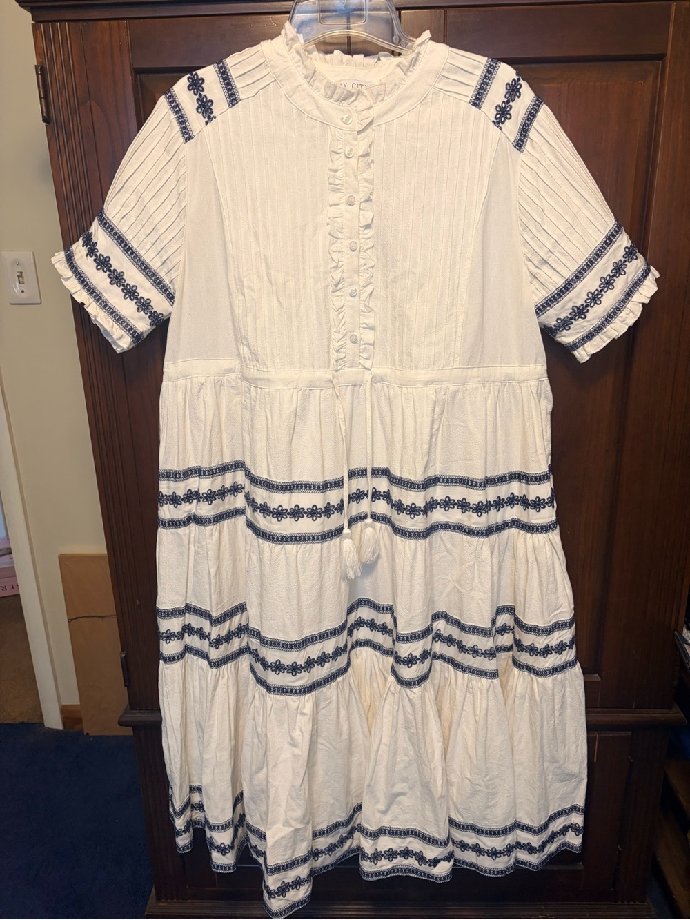 White Midi Dress with Navy Embroidery - Casual Tiered Shirt Dress